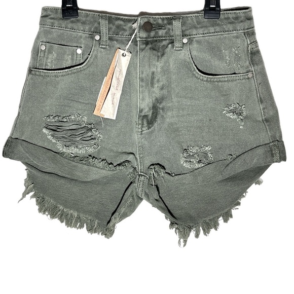NWT‎ Women’s Mustard Seed Distressed Destroyed High Rise Denim Shorts Sage Small - Picture 4 of 6